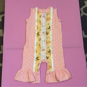 Ricrac And Ruffles Girls Summer Romper 24 Months Pink Floral & White Polka Dots